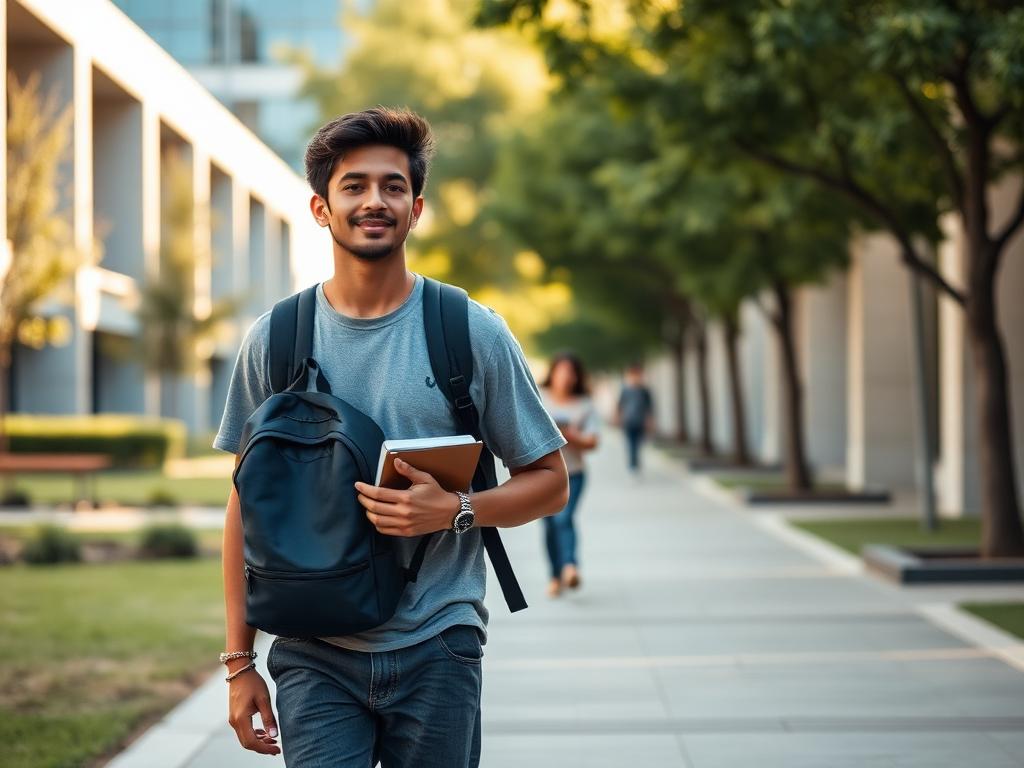 International student walking on a university campus